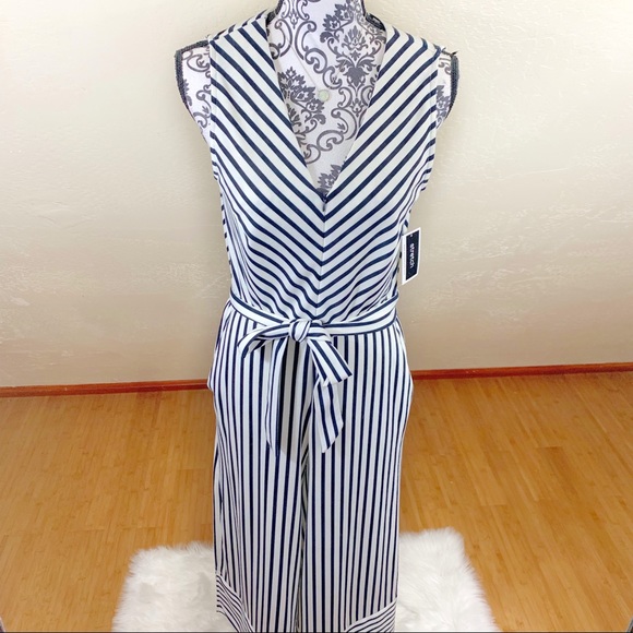 ECI Pants - ECI Navy Blue & Ivory Striped Wide Leg Jumpsuit